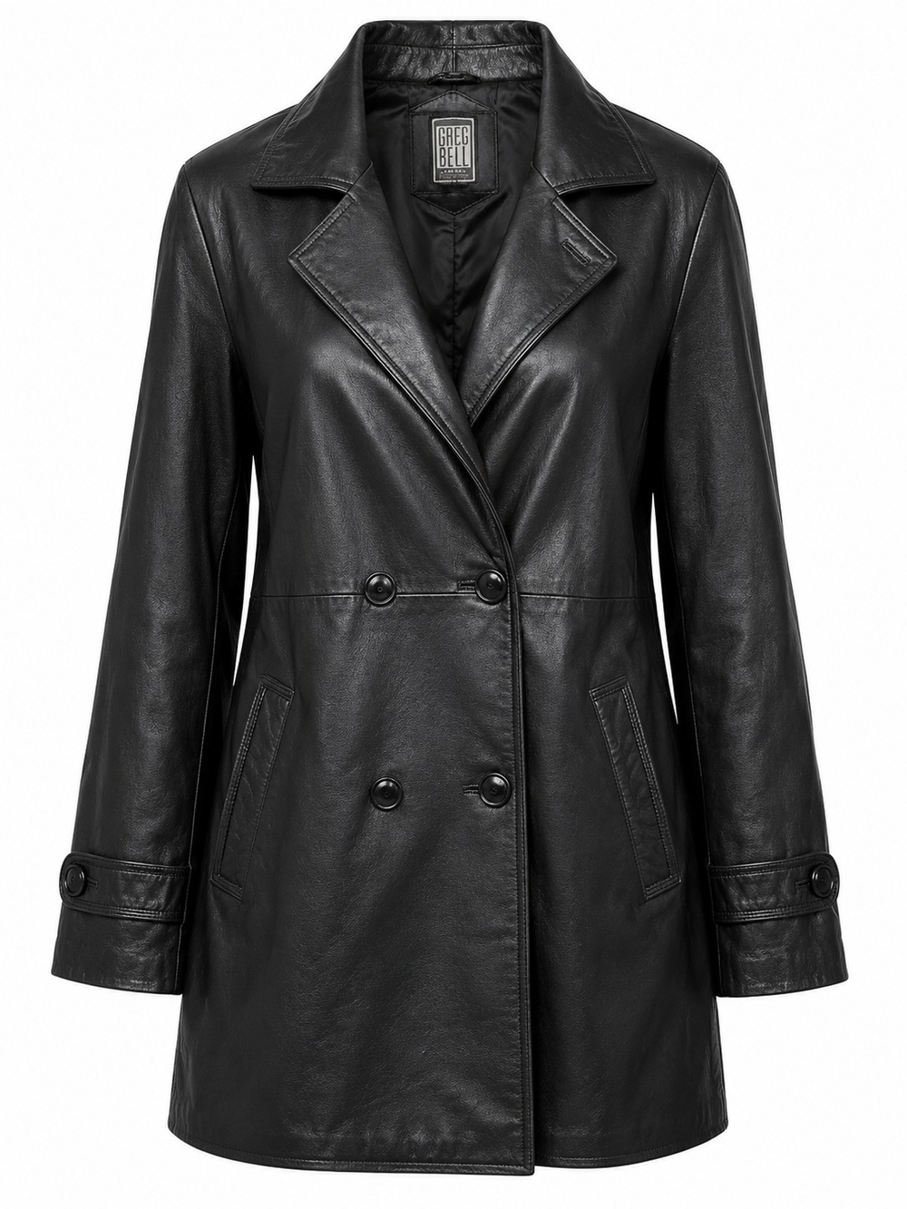 GREG BELL | Black Genuine Leather Convertible Collar Trench Coat Jacket | L